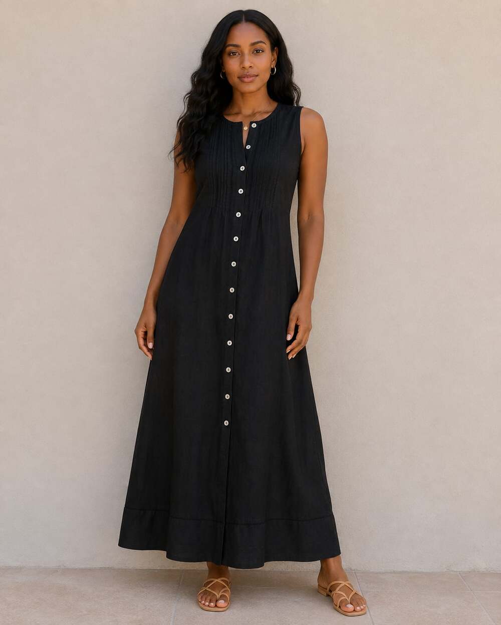 Sleeveless Black Button-Front Maxi Dress